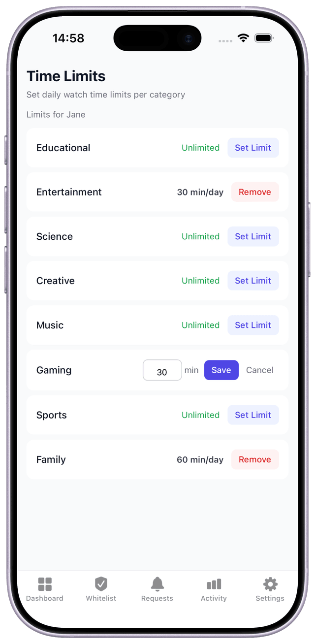 Category time limits settings