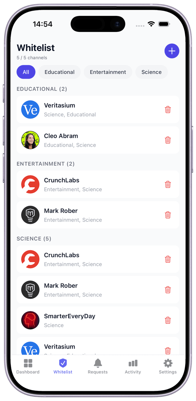 Channel whitelisting screen